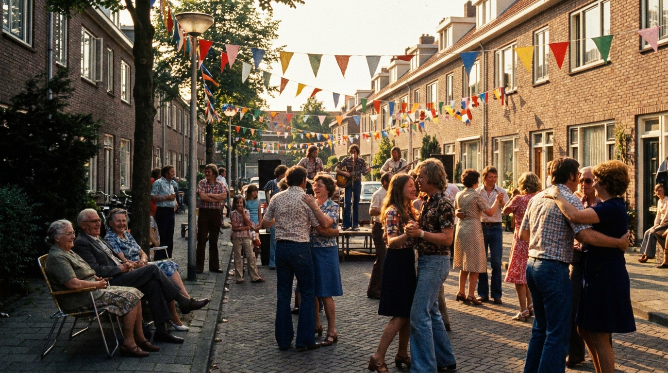 Buurtfeest op een Nederlandse straat, jaren 70, mensen van alle leeftijden dansen samen