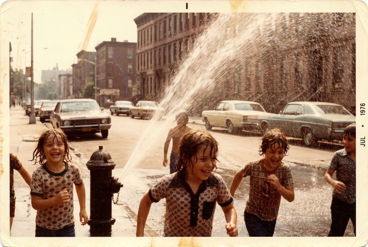 Kinderen spelen in het water van een brandkraan, zomer 1976