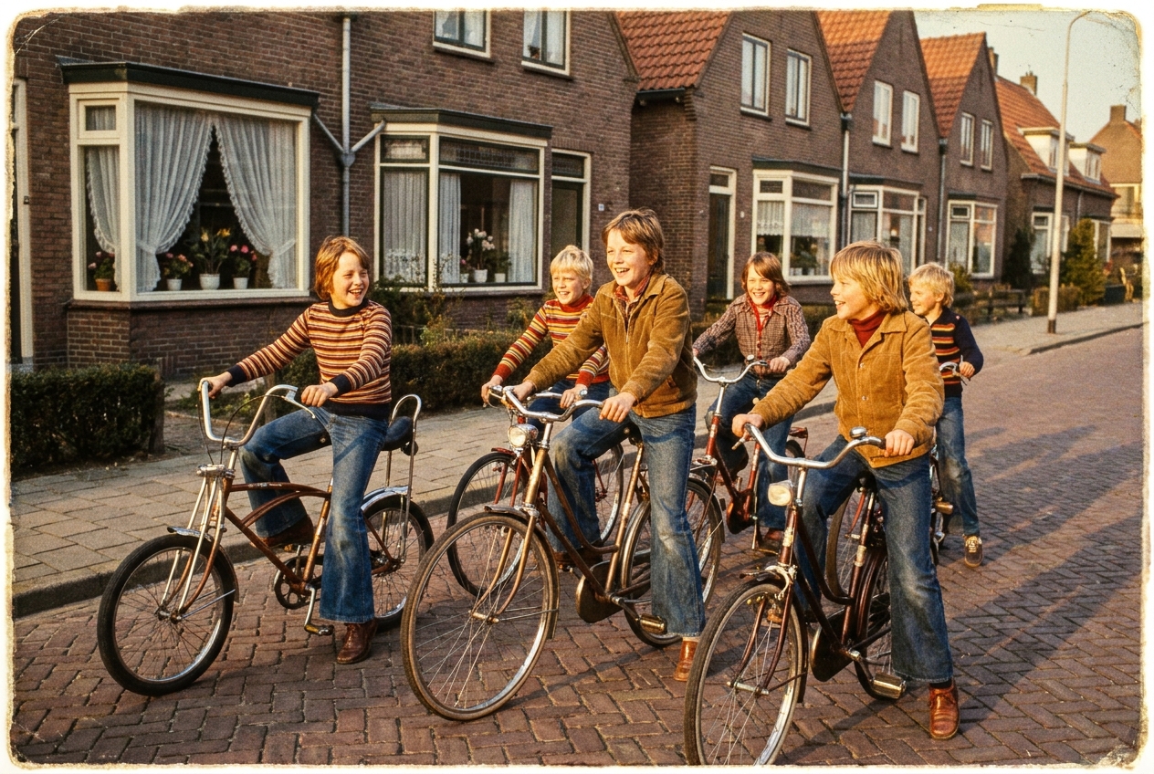 Kinderen op de fiets in een Nederlandse straat, jaren 70