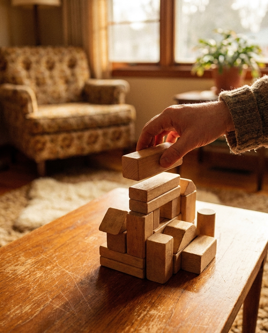 Een hand zet een klassiek houten bouwblok op zijn plek, jaren-70 huiskamer