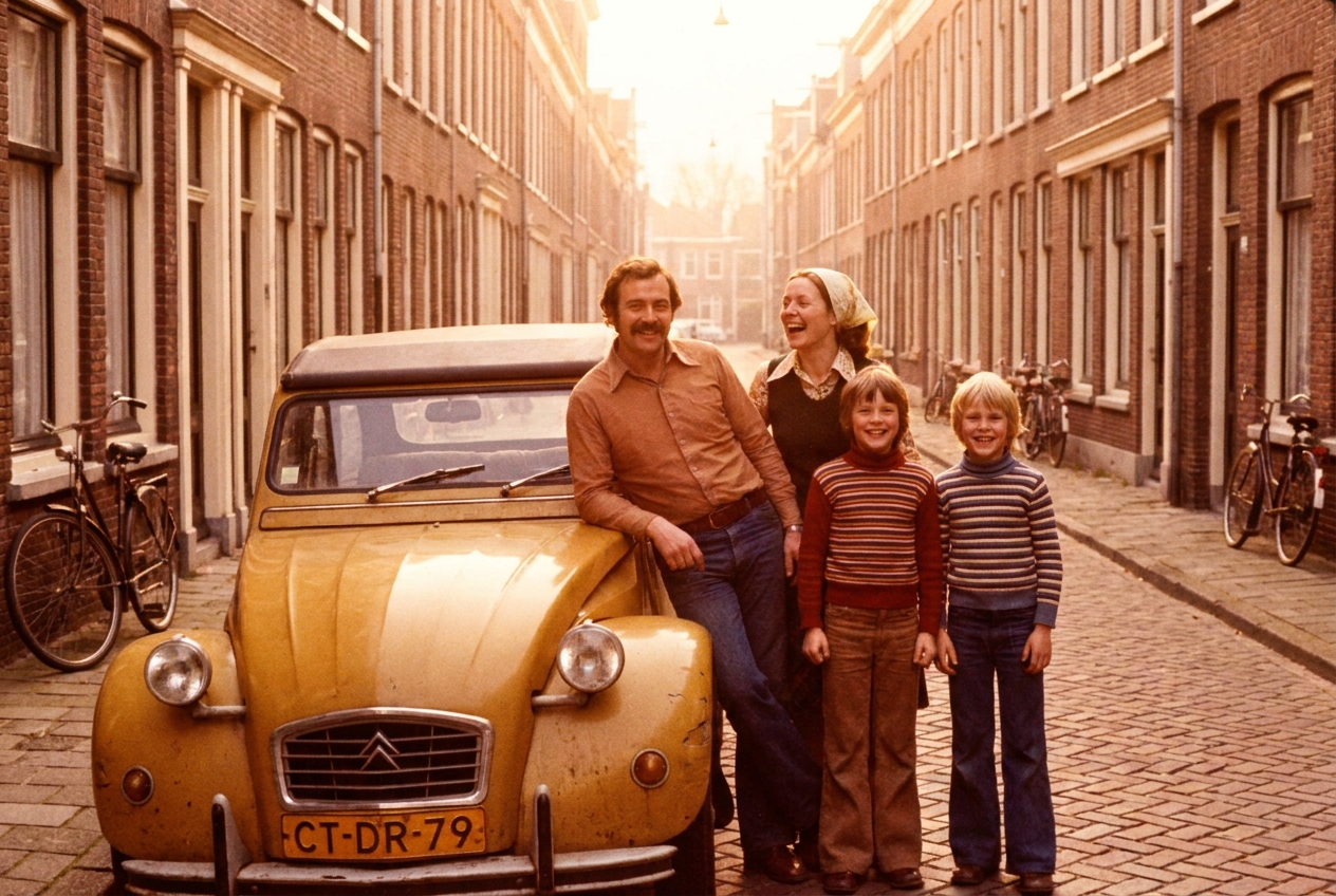 Nederlandse familie bij een oude Citroën 2CV op een straat, jaren 70