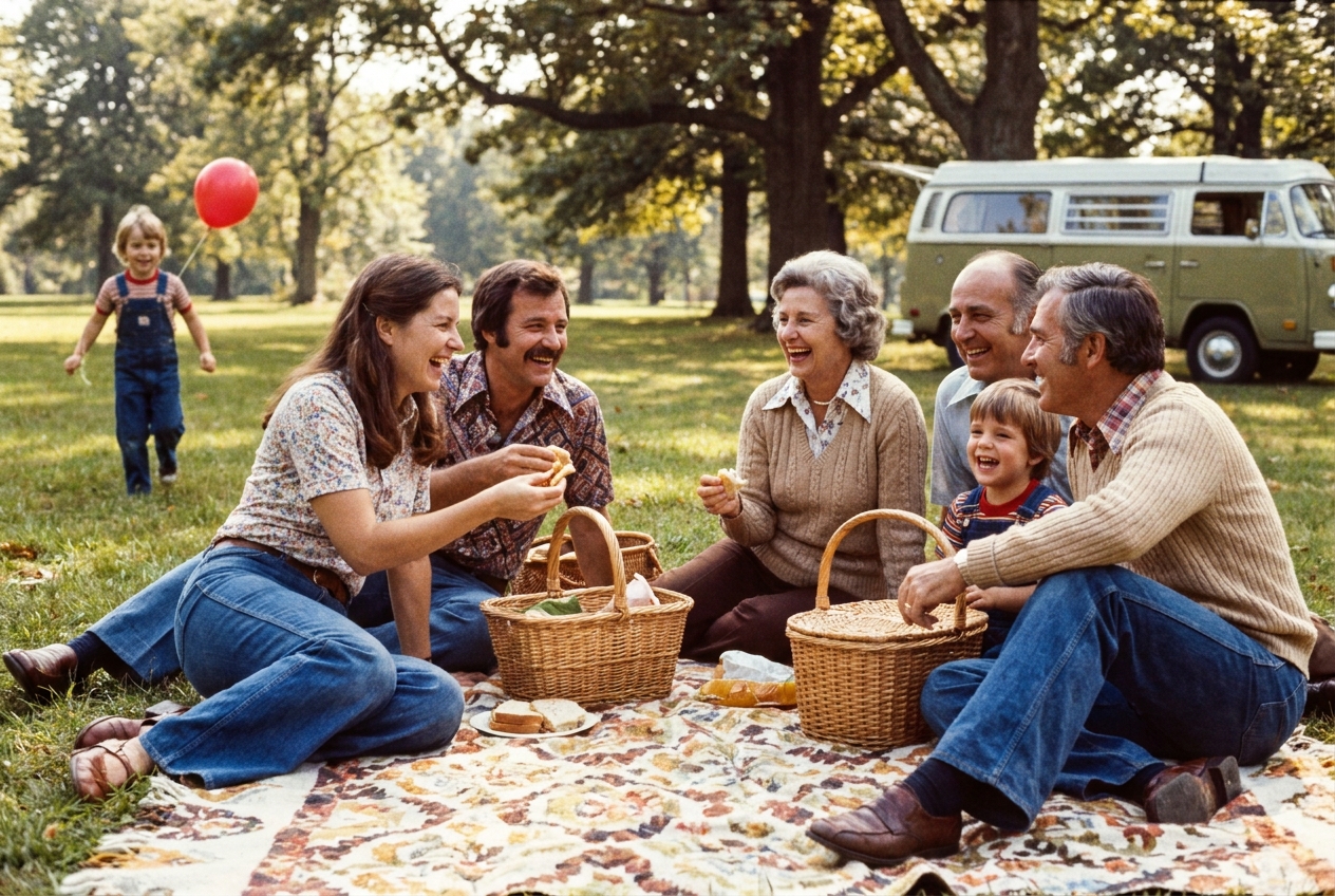 Familiepicknick in het park, jaren 70