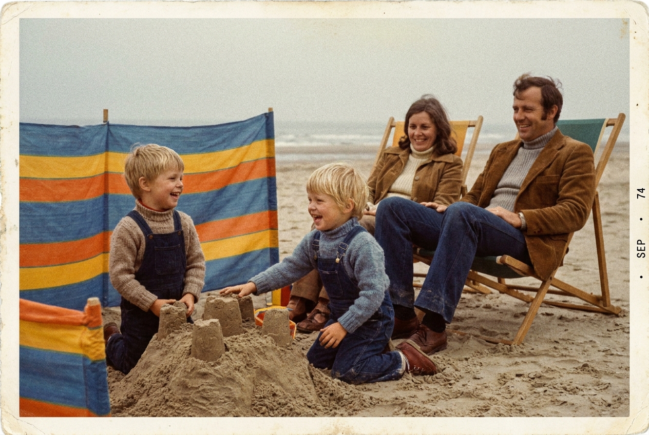 Gezin op het strand met windscherm, jaren 70