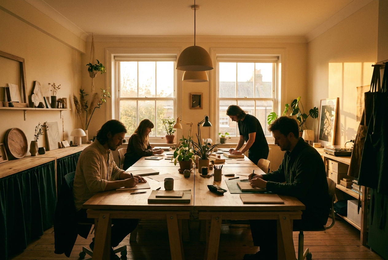 Een warm atelier bij gouden licht, mensen aan het werk aan lange tafels