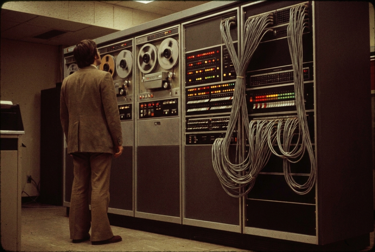 Iemand klein voor een reusachtige mainframe-computer, jaren zeventig